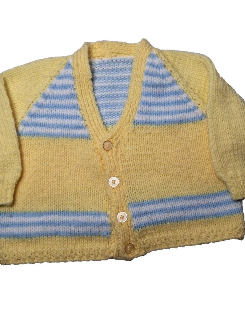 Handknit Cardigan Sweater Youth Toddler Yellow Blue Striped Button Up